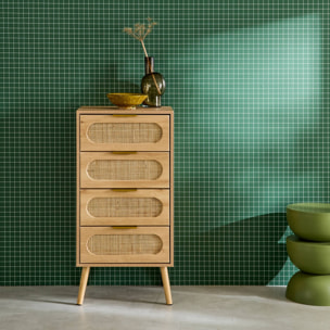Commode chiffonnier effet bois et cannage 4 tiroirs naturel. poignée en métal doré - L 48 x P 39.5 x H 96 cm - Eva