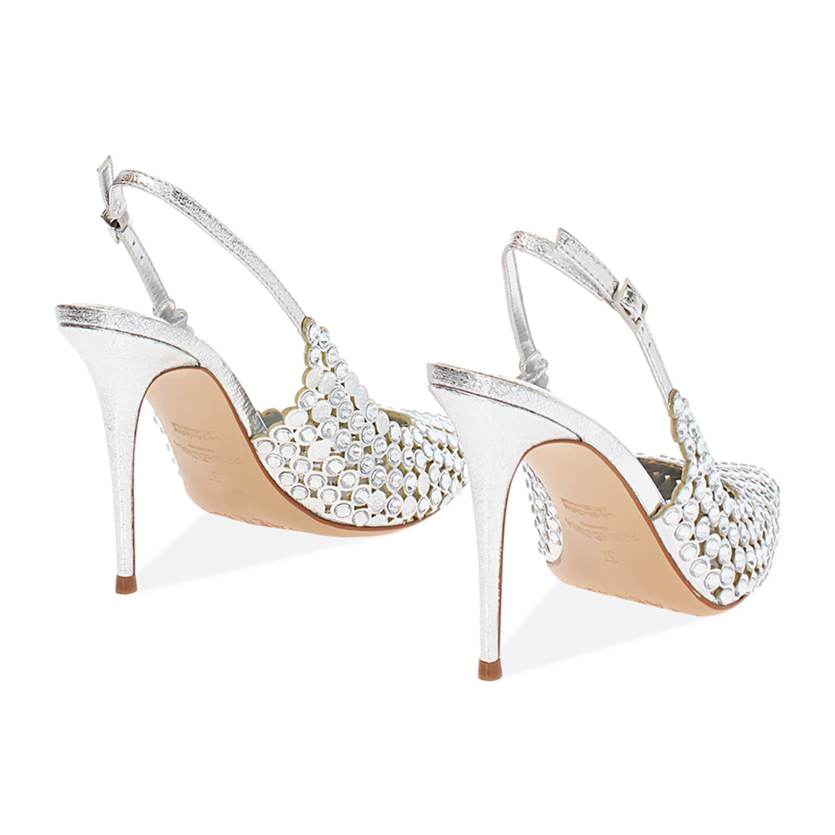 Décolleté slingback donna argento con pietre, tacco 10 cm