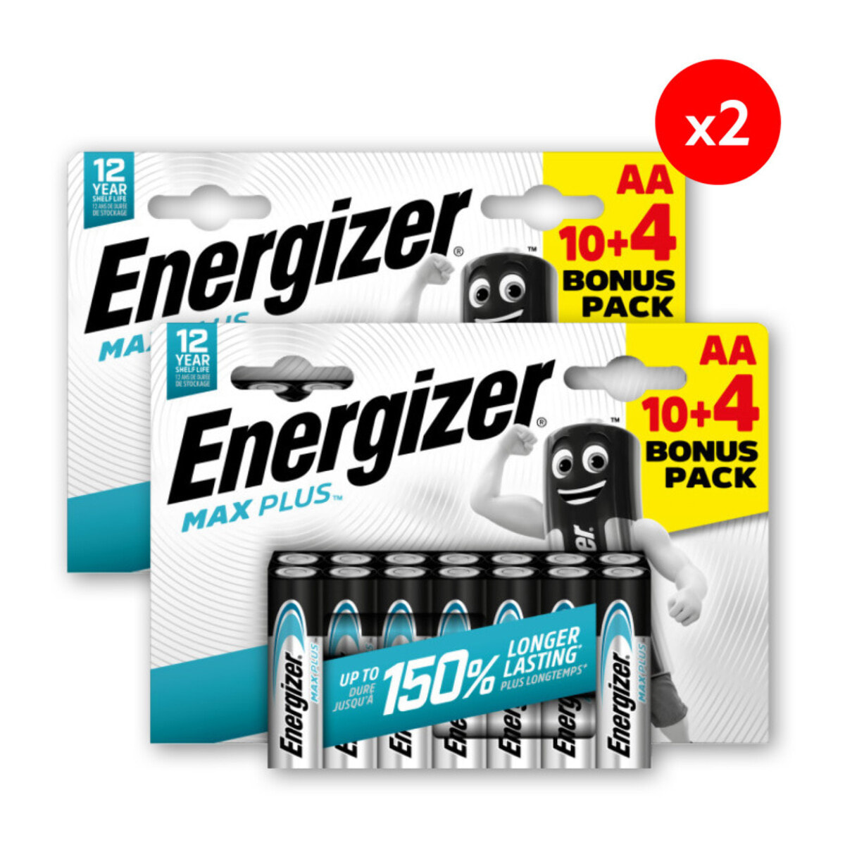 Pack de 2 - Energizer Max Plus Alcaline AA/LR6, pack de 10+4 Piles