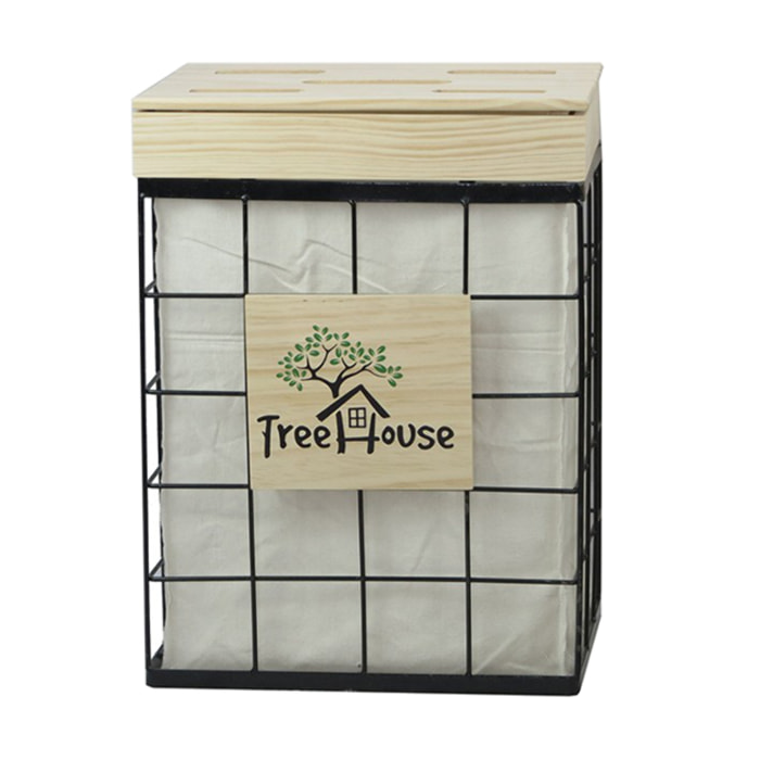 Corbeille rectangulaire fil de fer noir et bois - TREEZ