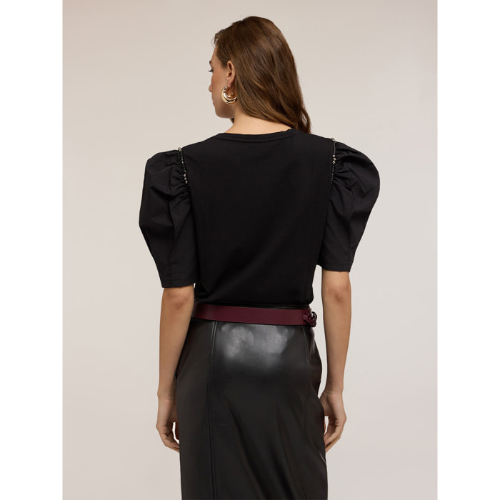 Motivi - Camiseta con mangas abombadas y piedras - Negro