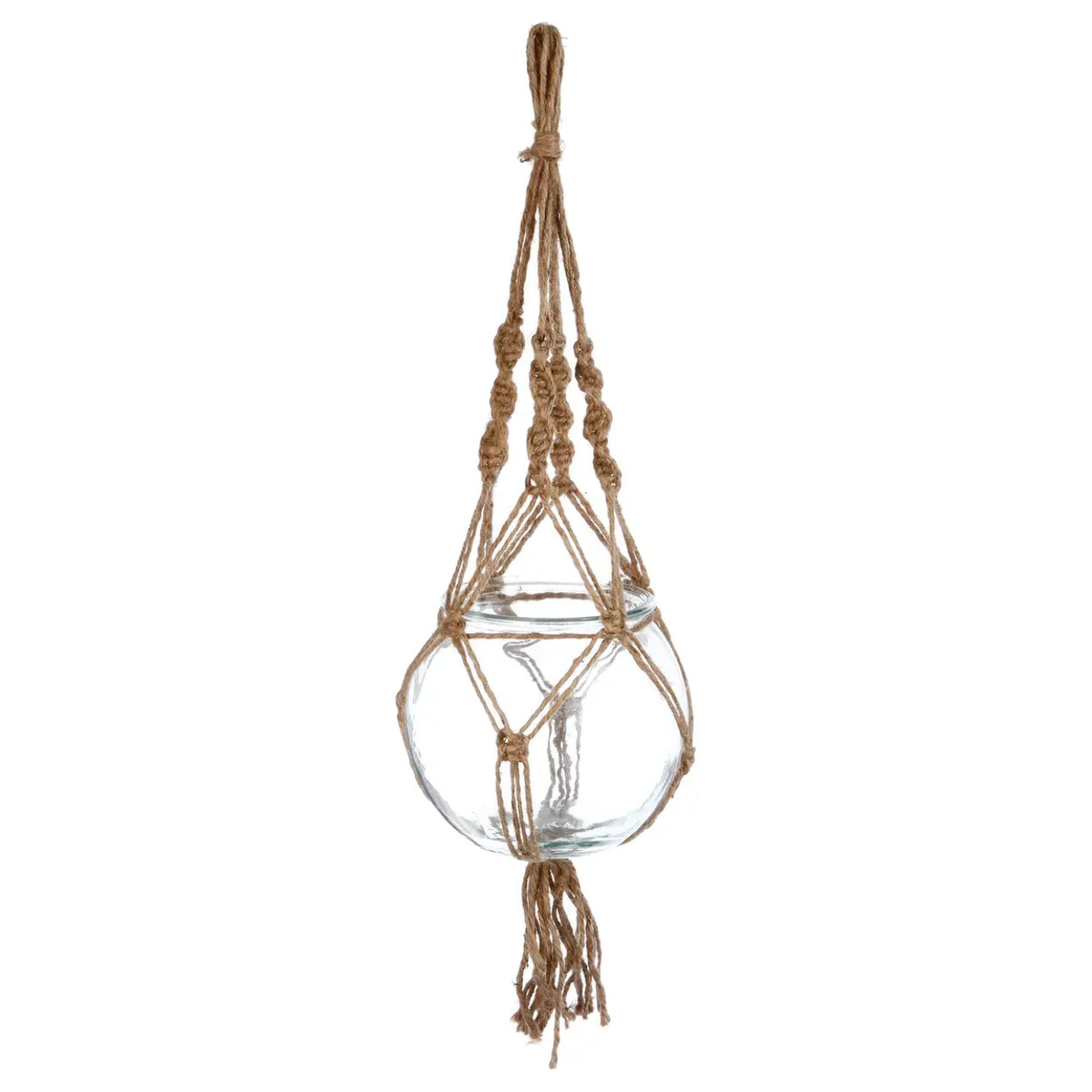 Cache pot suspendu verre et corde H16cm