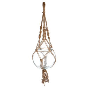 Cache pot suspendu verre et corde H16cm