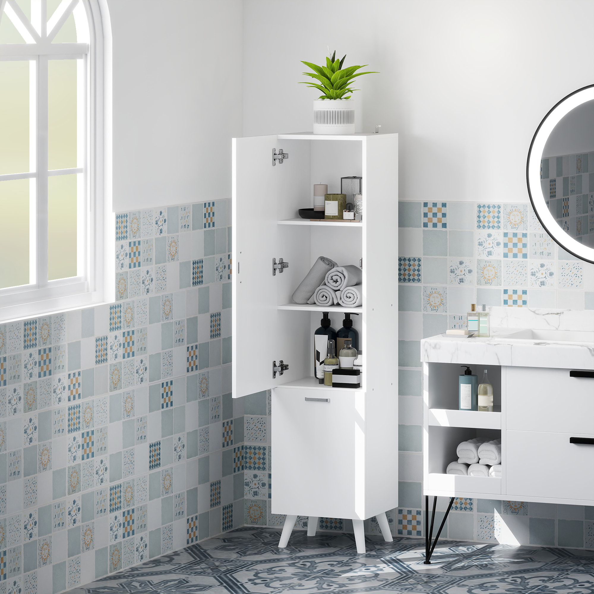 Colonne salle de bain - porte, 2 étagères, panier à linge - dim. 35 x 31,5 x 144 cm - blanc
