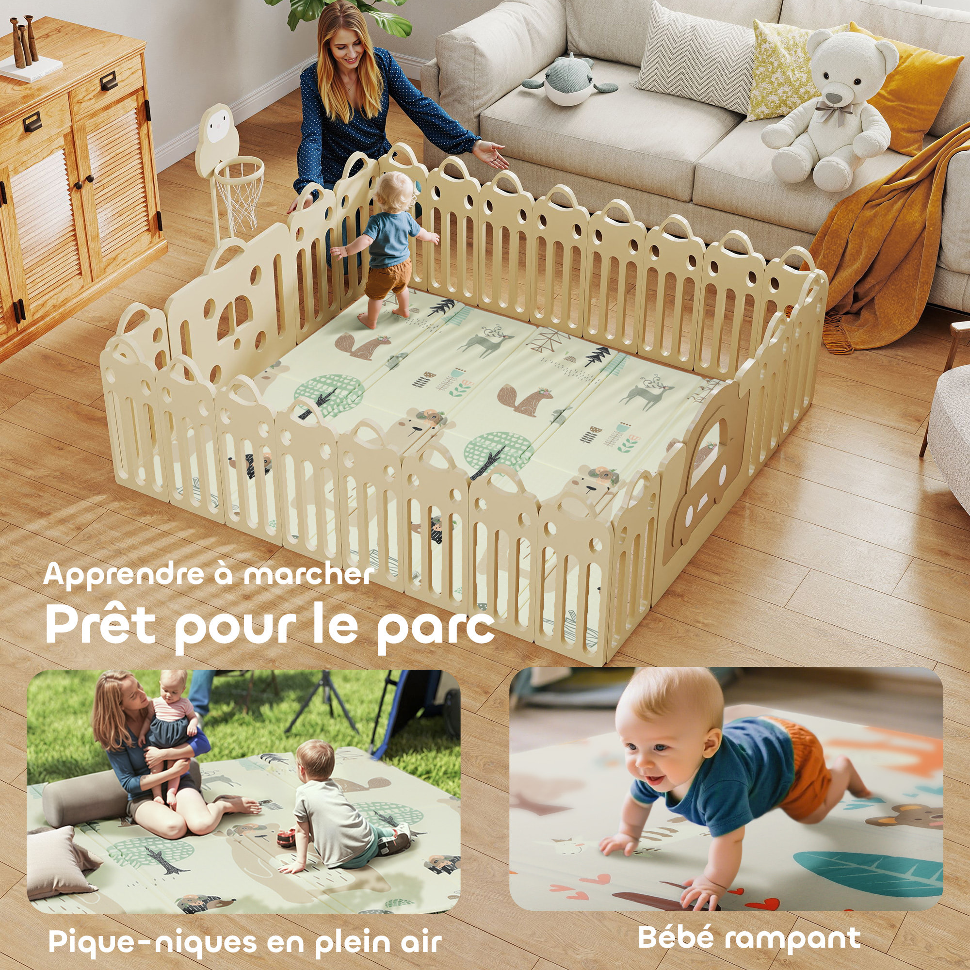Tapis d'éveil bébé pliable épais réversible dim. 196 x 176 x 1,5 cm motifs animaux et forêts