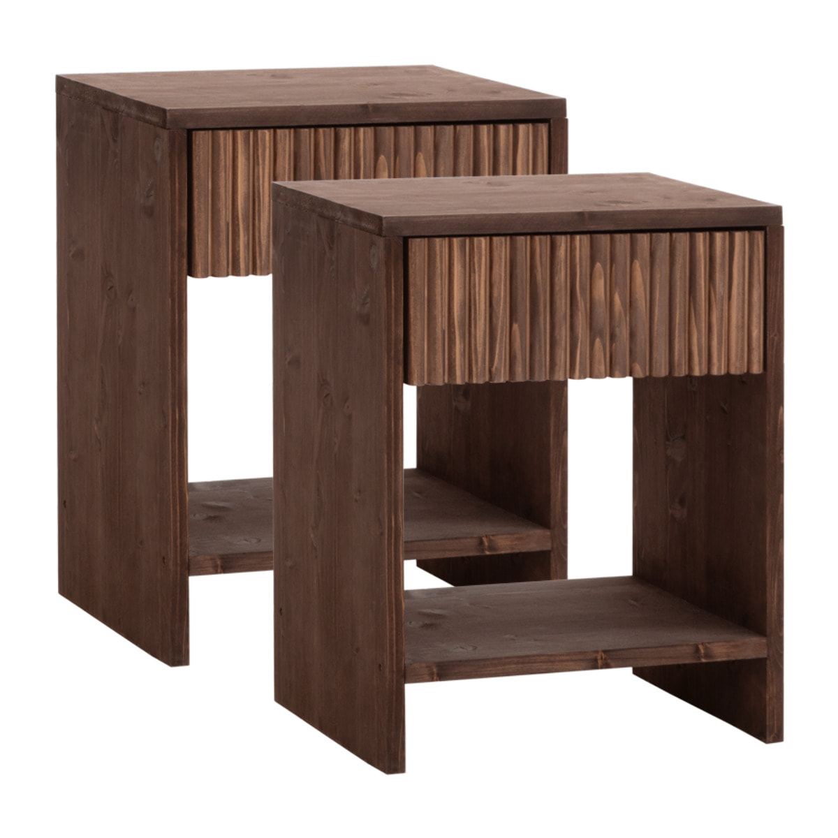 Pack de 2 tables de chevet en bois massif avec un tiroir ton noyer en différentes tailles