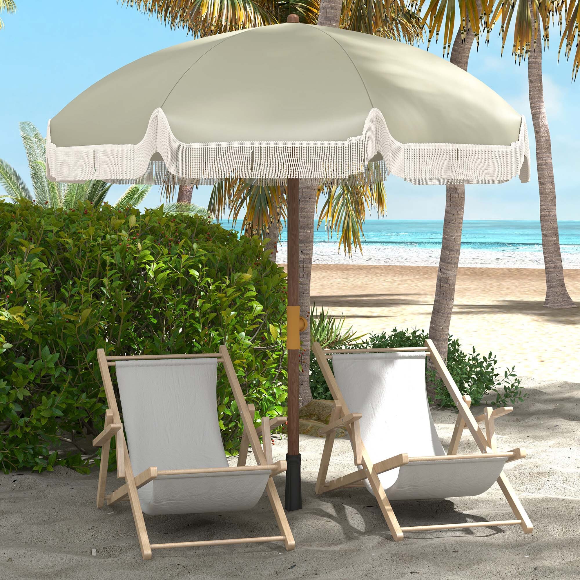 Parasol droit de plage jardin style bohème à franges UV40+ vert