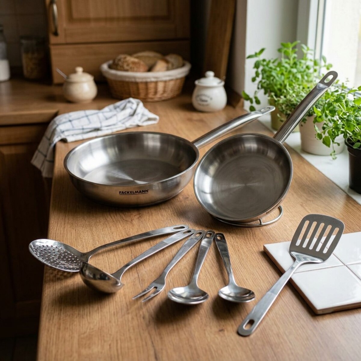 Set de 2 poêles en inox et 6 ustensiles inox Fackelmann Eterna
