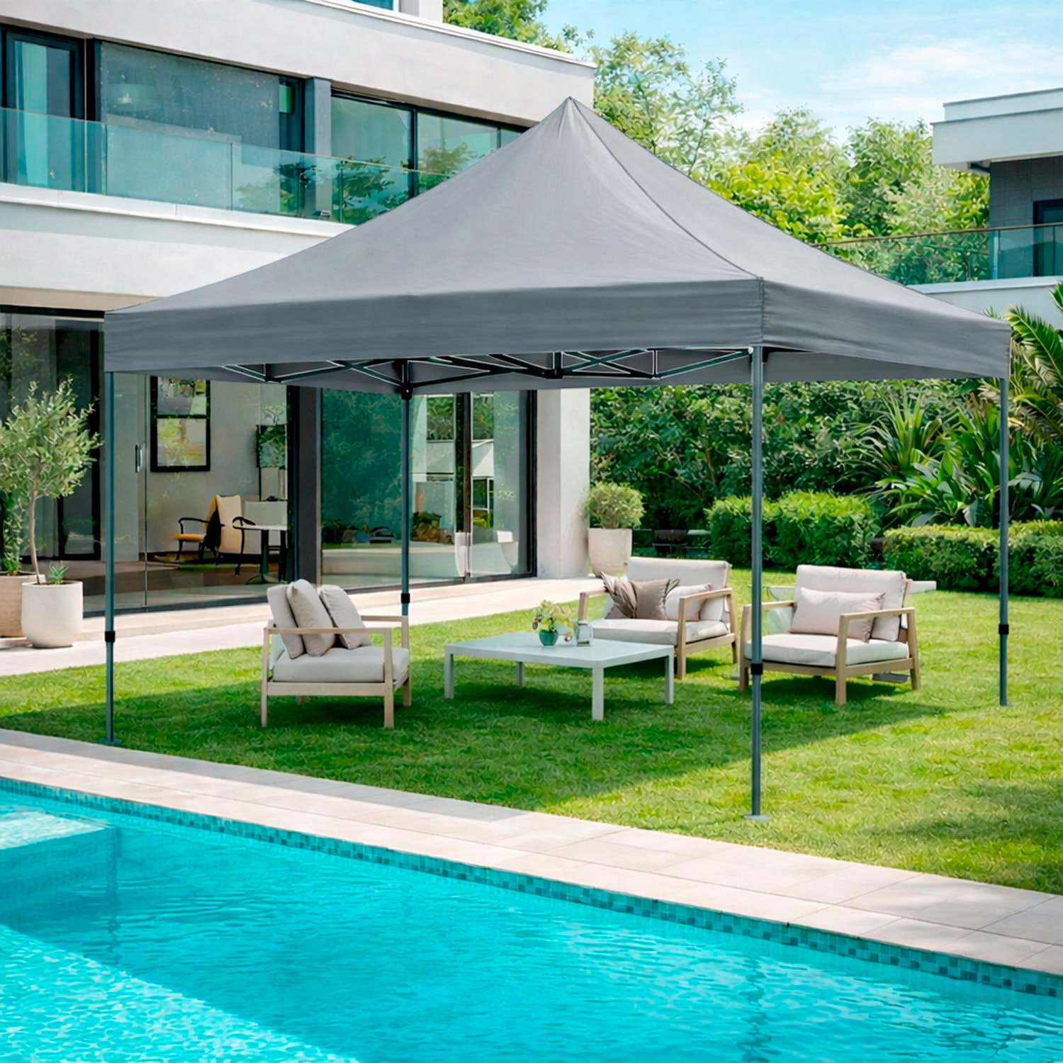 Gazebo Professionale 3x3 M Richiudibile Automatico In Acciaio Con Telo Oxford 1200D PVC Impermeabile e Anti UV A Fisarmonica con Sacche Grigio