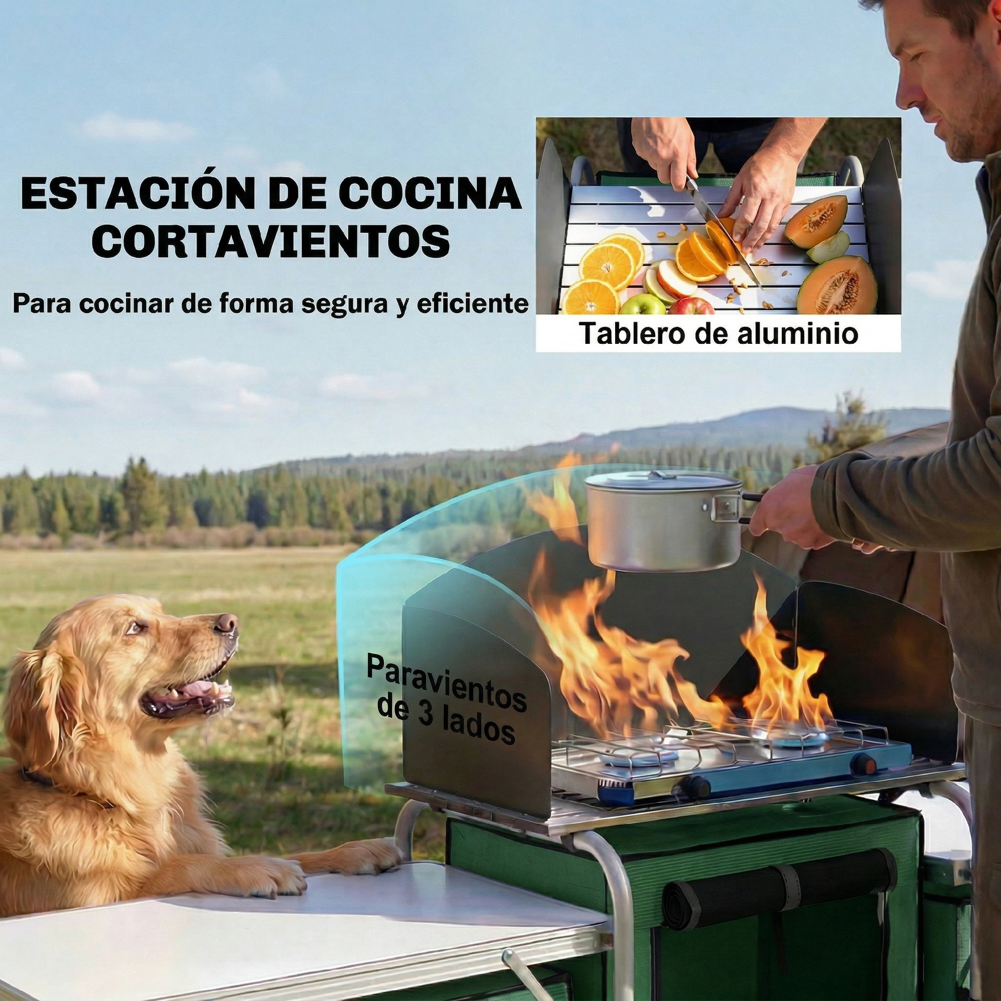 Mueble Cocina Camping Armario Camping Plegable con Mesas Armarios Ganchos Estructura de Aluminio Poste de Luz Ajustable Paravientos y Bolsa de Transporte para Acampada 172x48x130 cm Verde