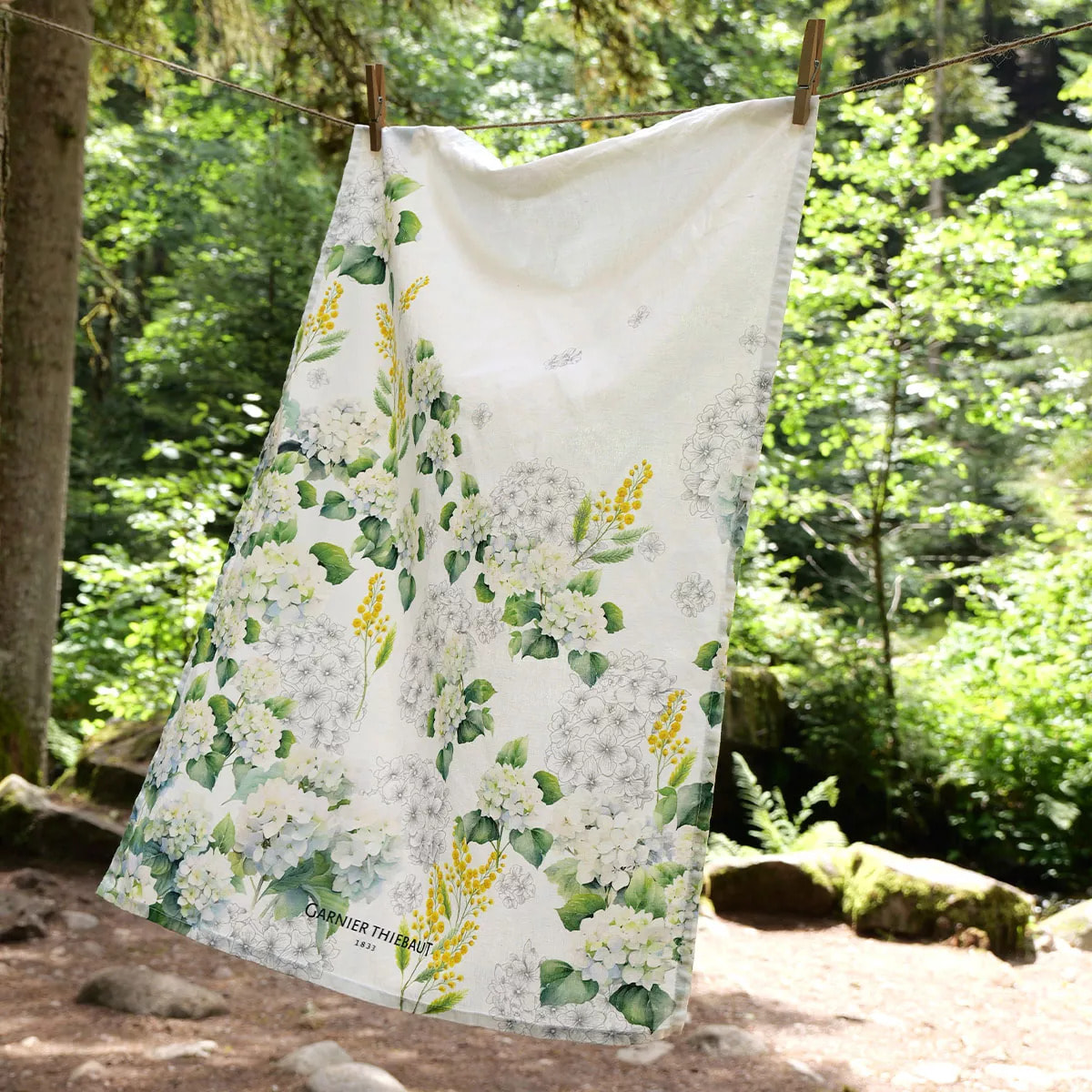 Torchon lin & coton lavé 190 g/m² imprimé blanc jaune Annabelle mimosa