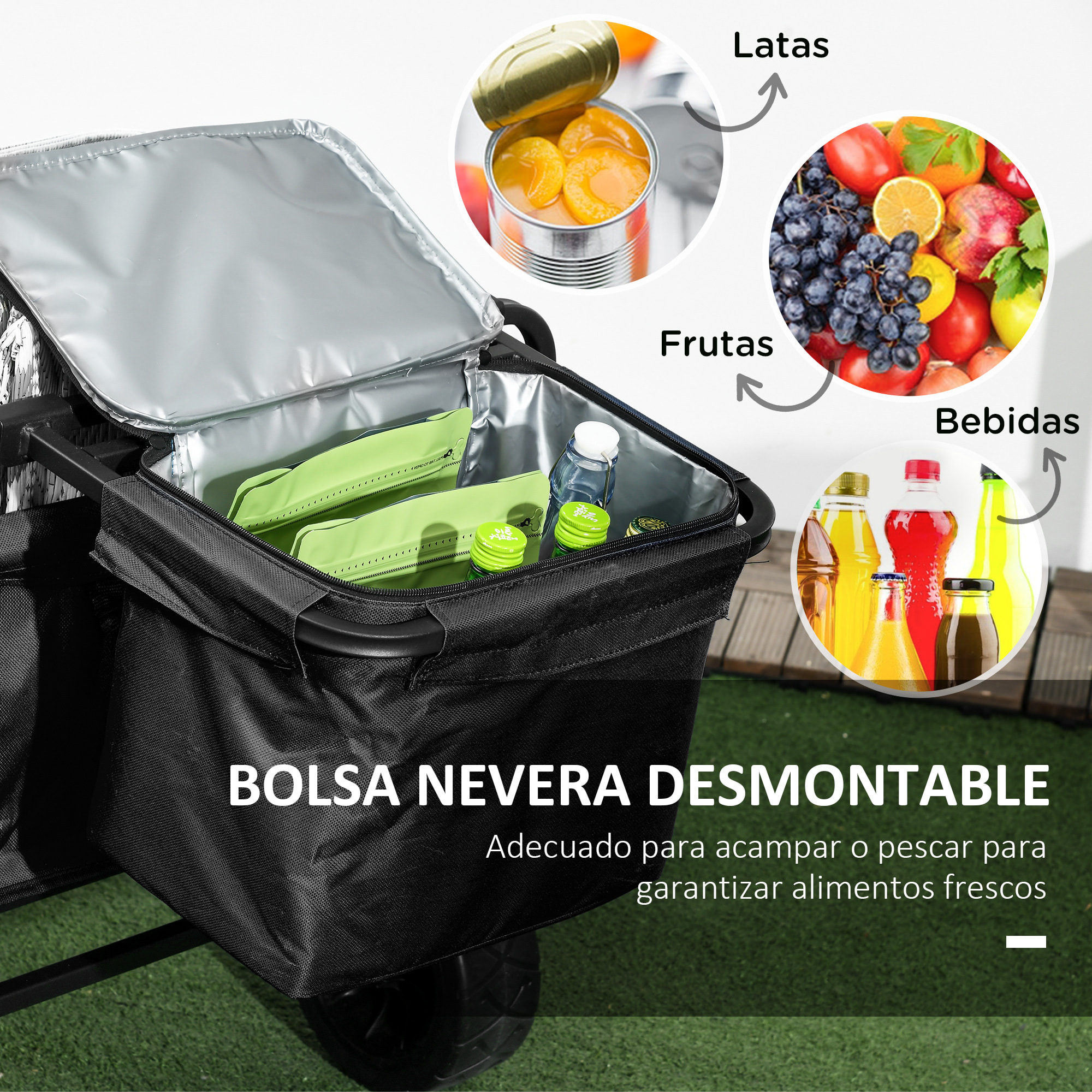 Carro de Jardín con Bolsa Térmica Desmontable Carro Plegable con Longitud y Ángulo del Mango Ajustables y Bolsa de Transporte Carga 100 kg Negro