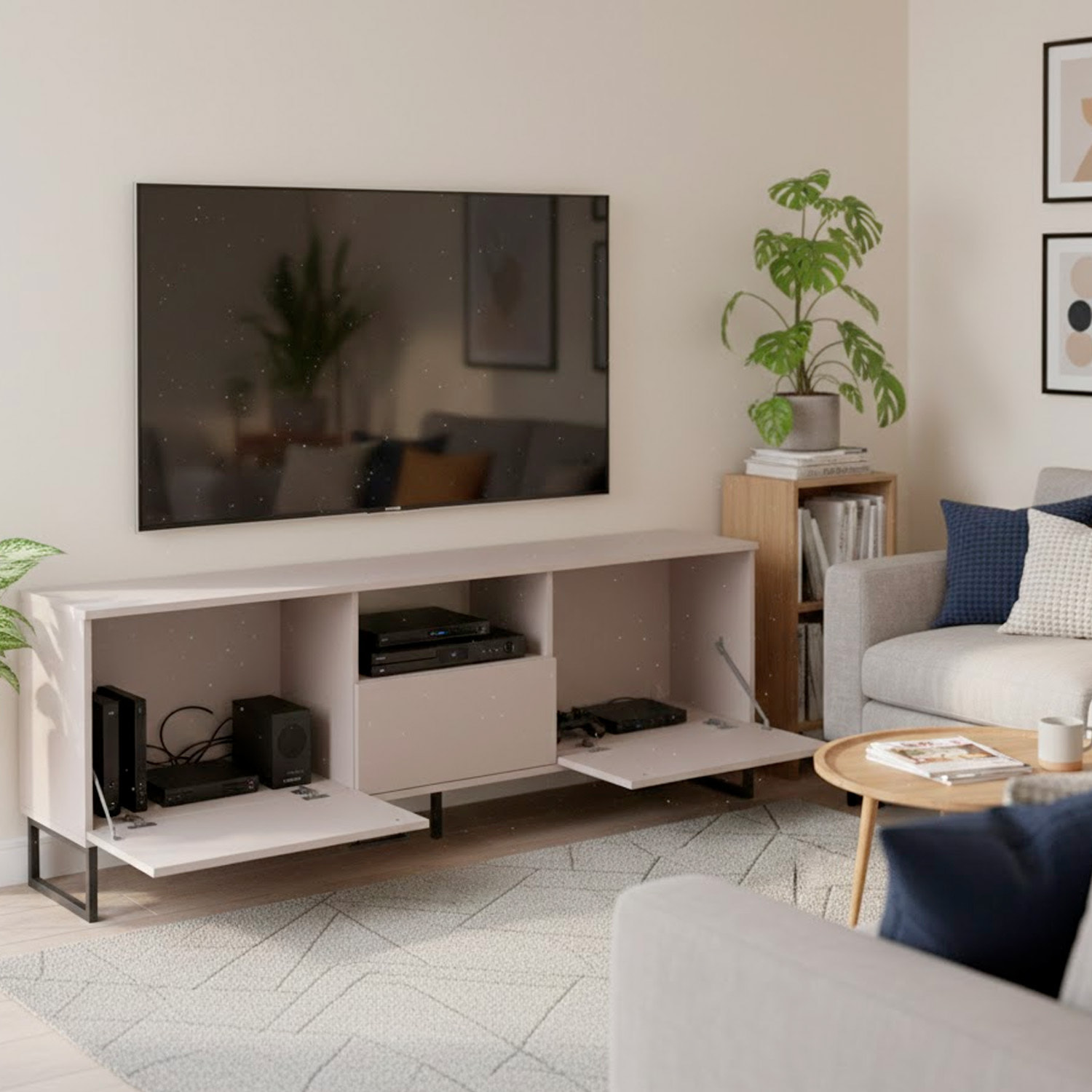 Mobile Porta TV Con 2 Ante A Ribalta 1 Cassetto E Vano a Giorno Design Moderno Piedini Slanciati Stile Nordico Industriale 179 x 60 x 40 Cm Cashmere