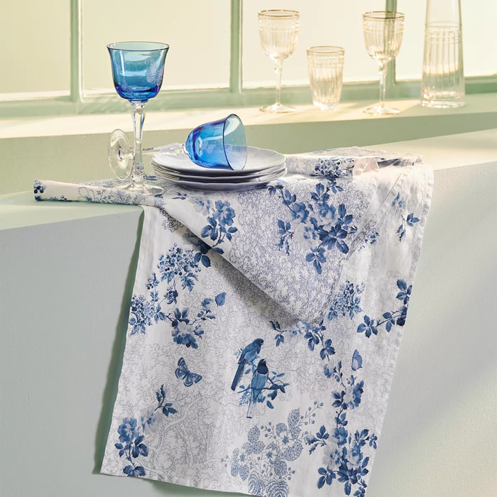 Chemin de table métis lin & coton lavé 190 g/m² imprimé blanc bleu Voliere bleu
