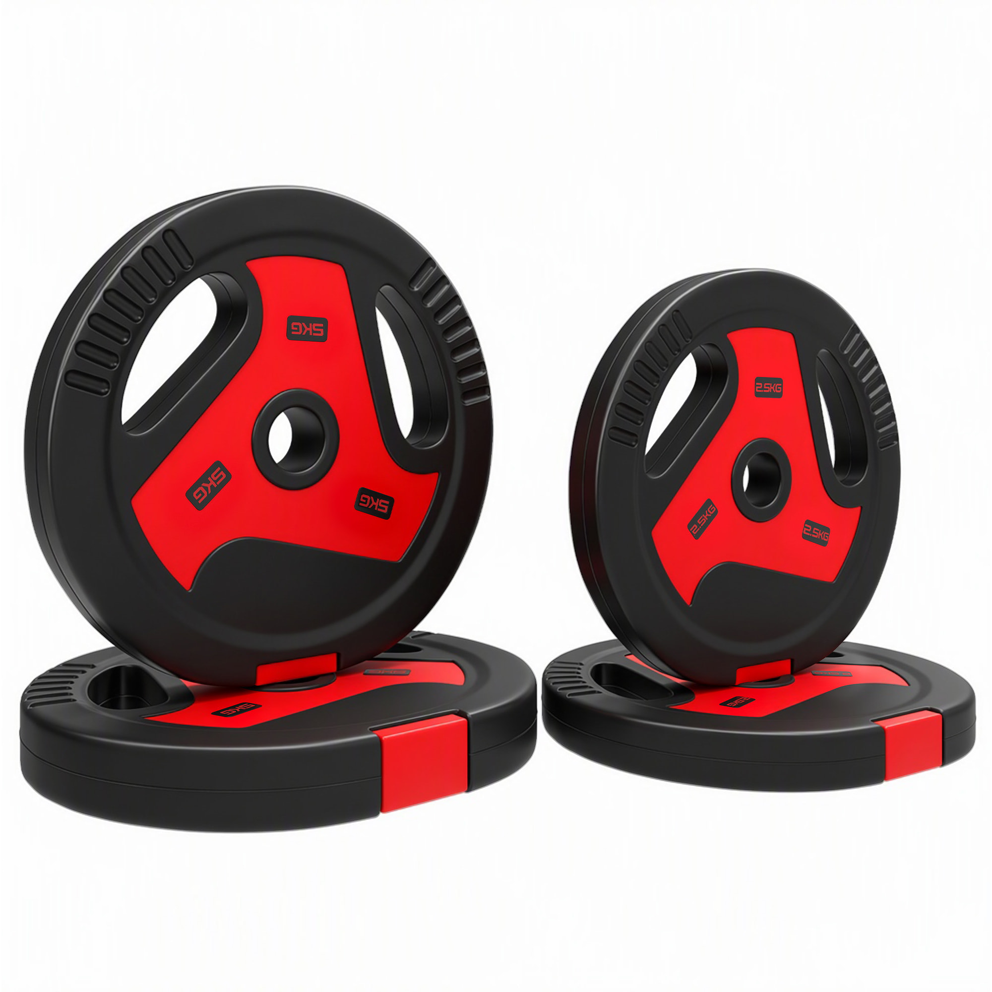 Juego de Discos de Pesas de 4 Piezas, Agujero Ø25 mm, Total 15 kg, 2x5kg, 2x2,5kg, de PP, Placas de Pesas con Agarres, para Mancuernas y Barras, para Casa, Gimnasio, Negro y Rojo