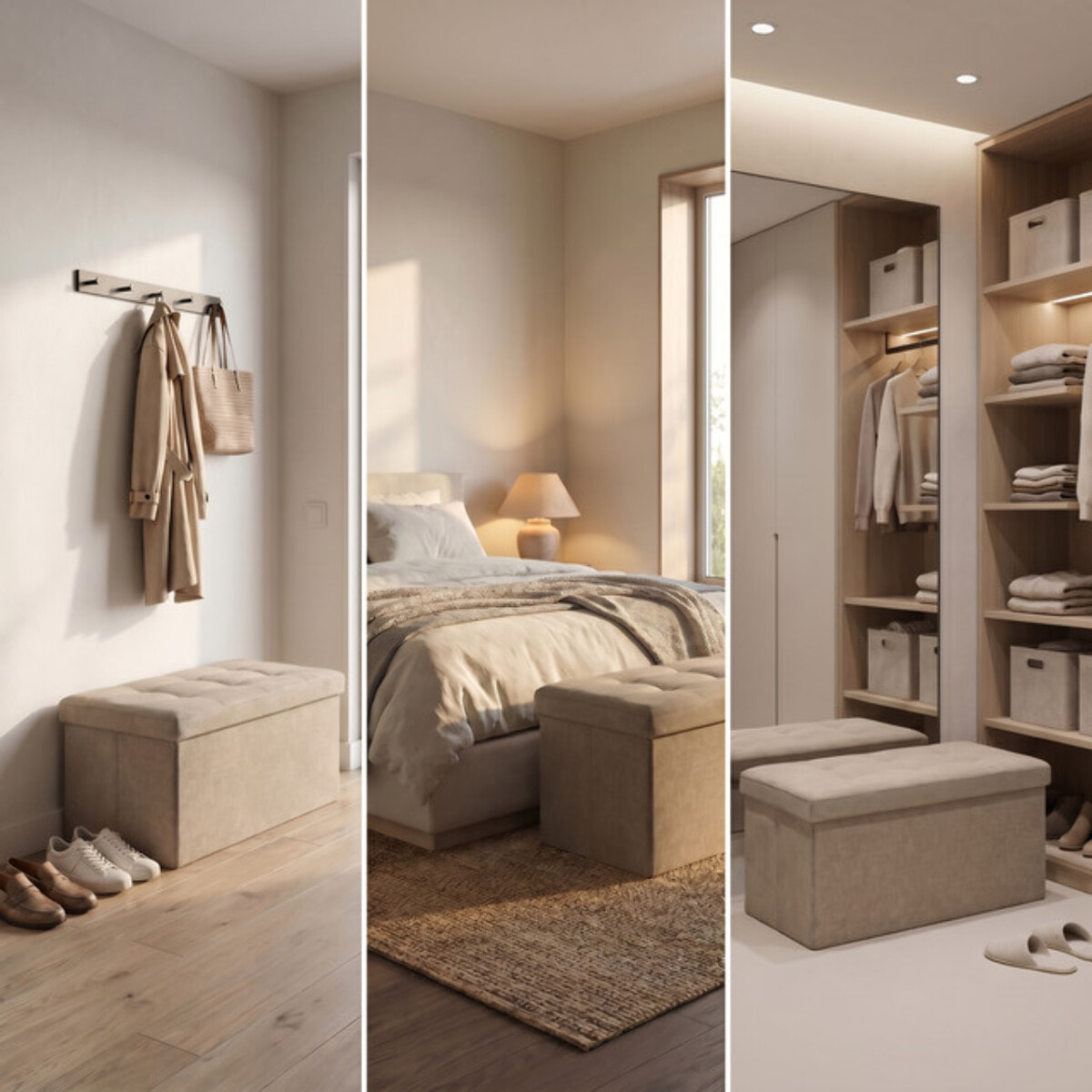 Pouf contenitore imbottito in tessuto con seduta lunga, panca multifunzione con spazio interno, ideale come poggiapiedi, seduta o contenitore, pratico e versatile per soggiorno, camera o ingresso, facile da pulire, dimensioni 76x34x34 cm
