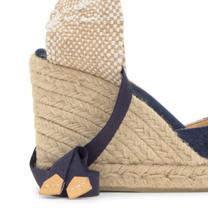 Alpargata de cuña 6 cm en lona de algodón con cintas al tobillo y talonera trenzada