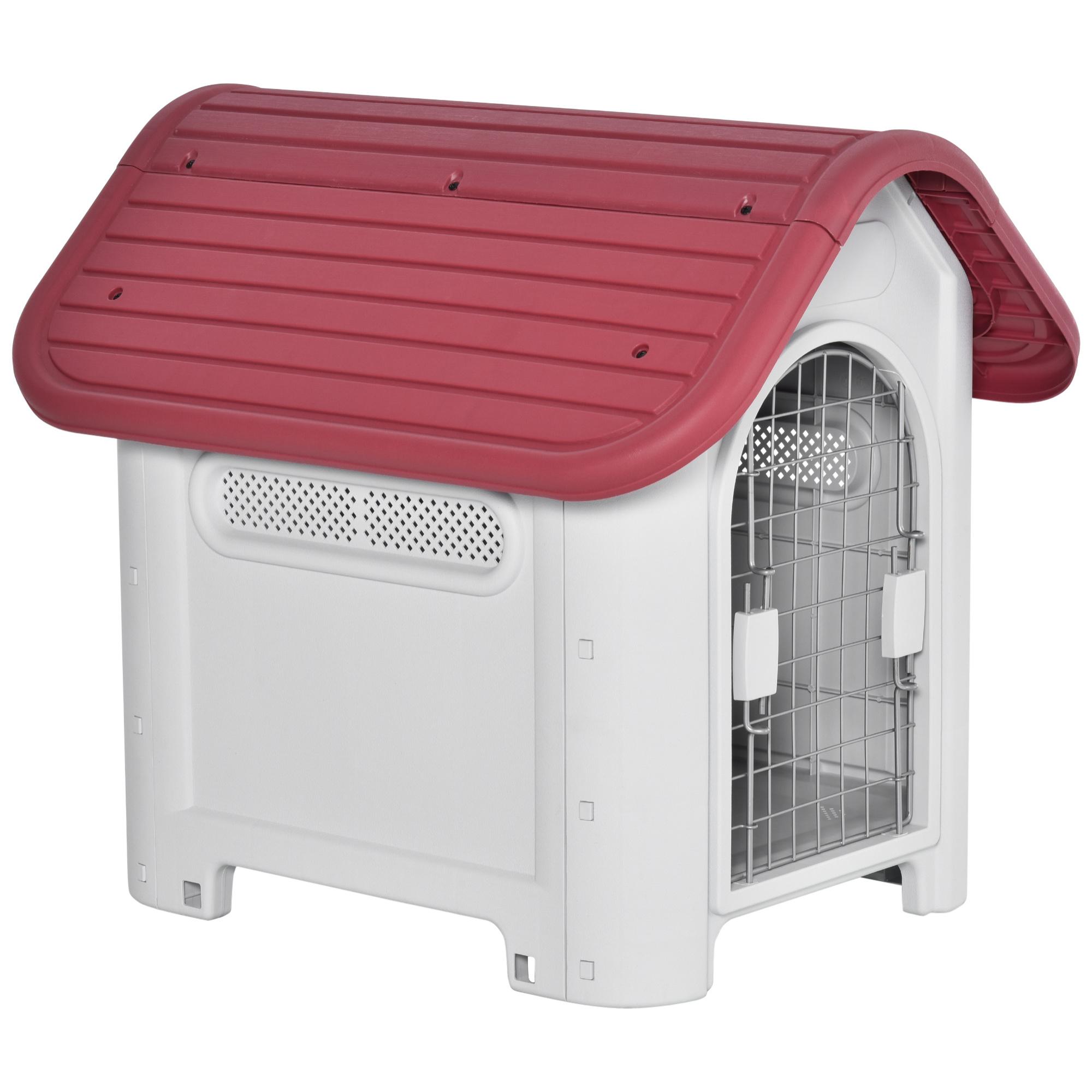 Caseta para Perro con Puerta Extraíble Base Elevada 3 Respiraderos y Ventana Abrible Caseta de Perros para Interior y Exterior 59x75x66 cm Gris Rojo