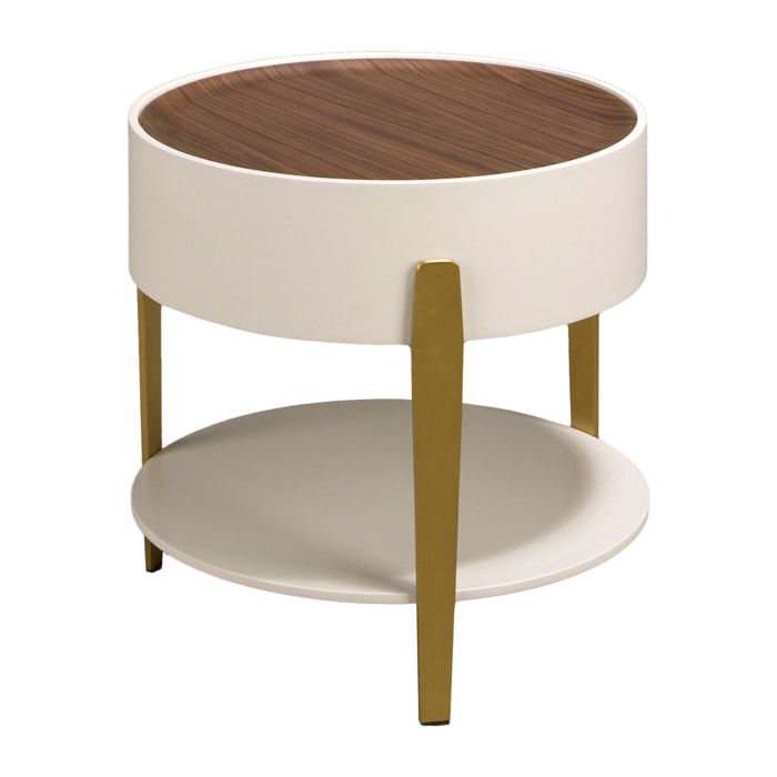 Mesa rincón redonda en madera de MDF en beige y una tapa de madera chapada en nogal natural 52x52x50cm