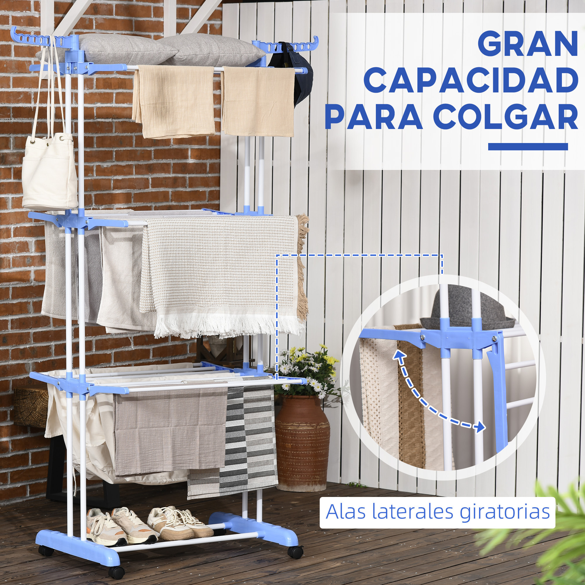 Tendedero Plegable para Ropa con Ruedas Tendedero Vertical de Acero Tipo Torre de 3 Niveles con Alas Plegables y Colgadores Giratorios Carga 70 kg 73x64x177 cm Azul y Blanco