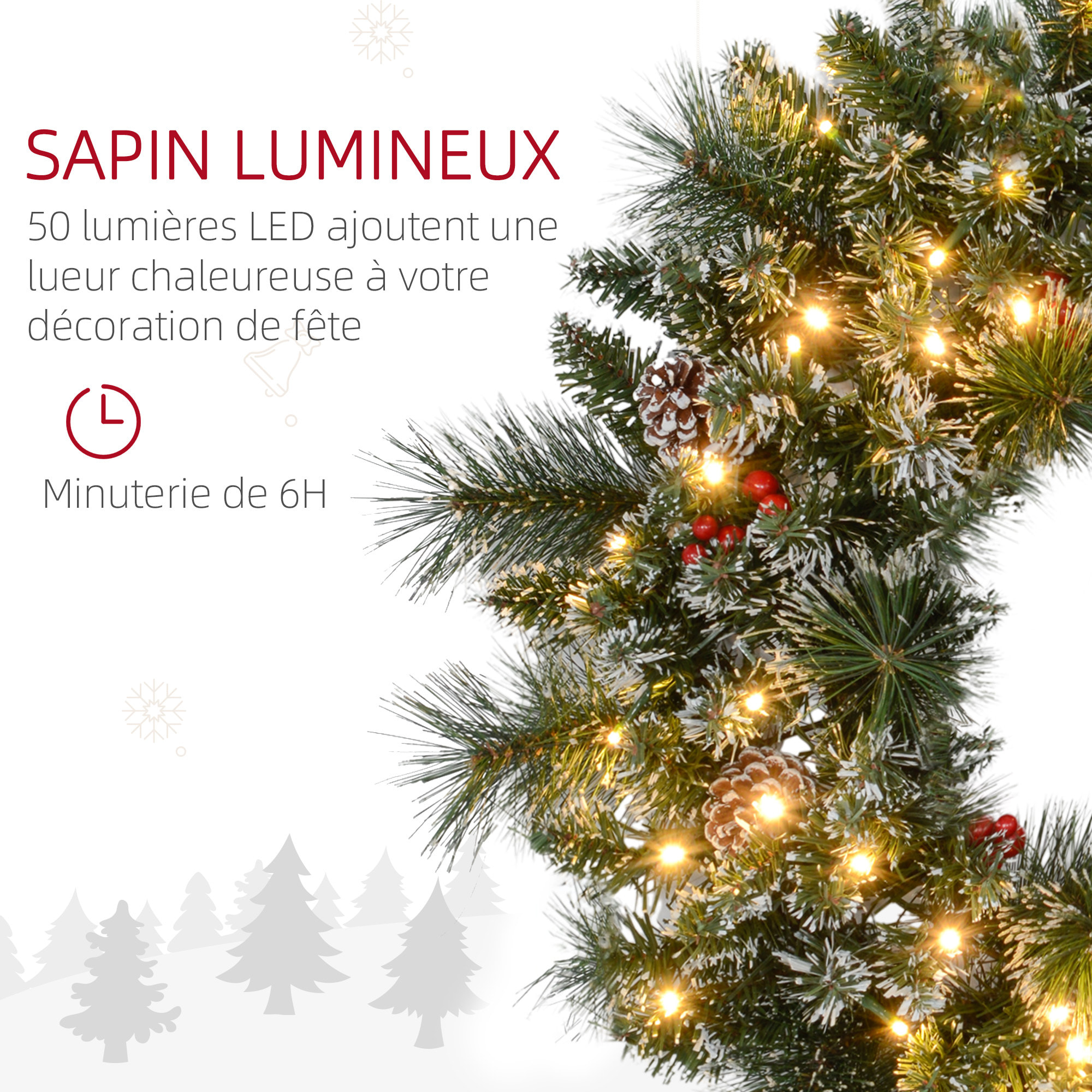Couronne de Noël artificielle LED 60 cm - pommes de pin, baies rouges, 50 LED blanc - effet enneigé