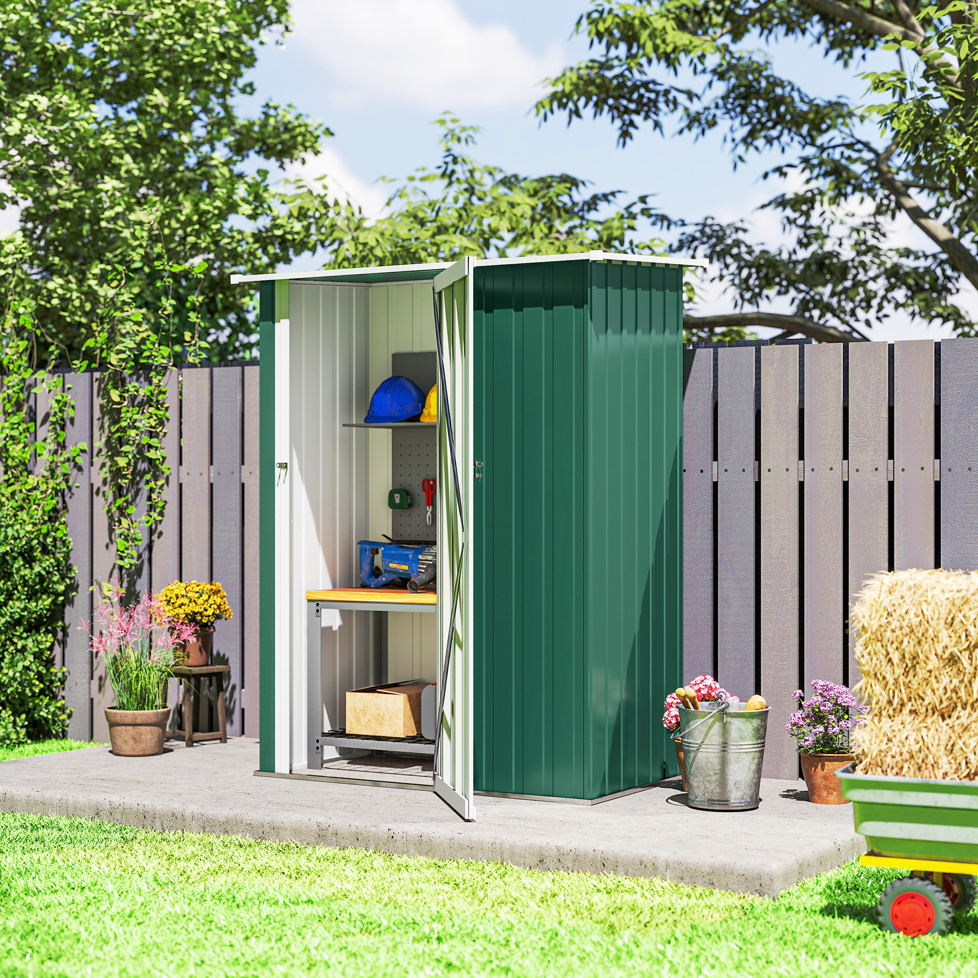 Caseta de Jardín 1,07 m² 142x86x189 cm Cobertizo Exterior Metálico con Puerta Cerradura y Orificios de Drenaje para Almacenamiento de Herramientas Verde