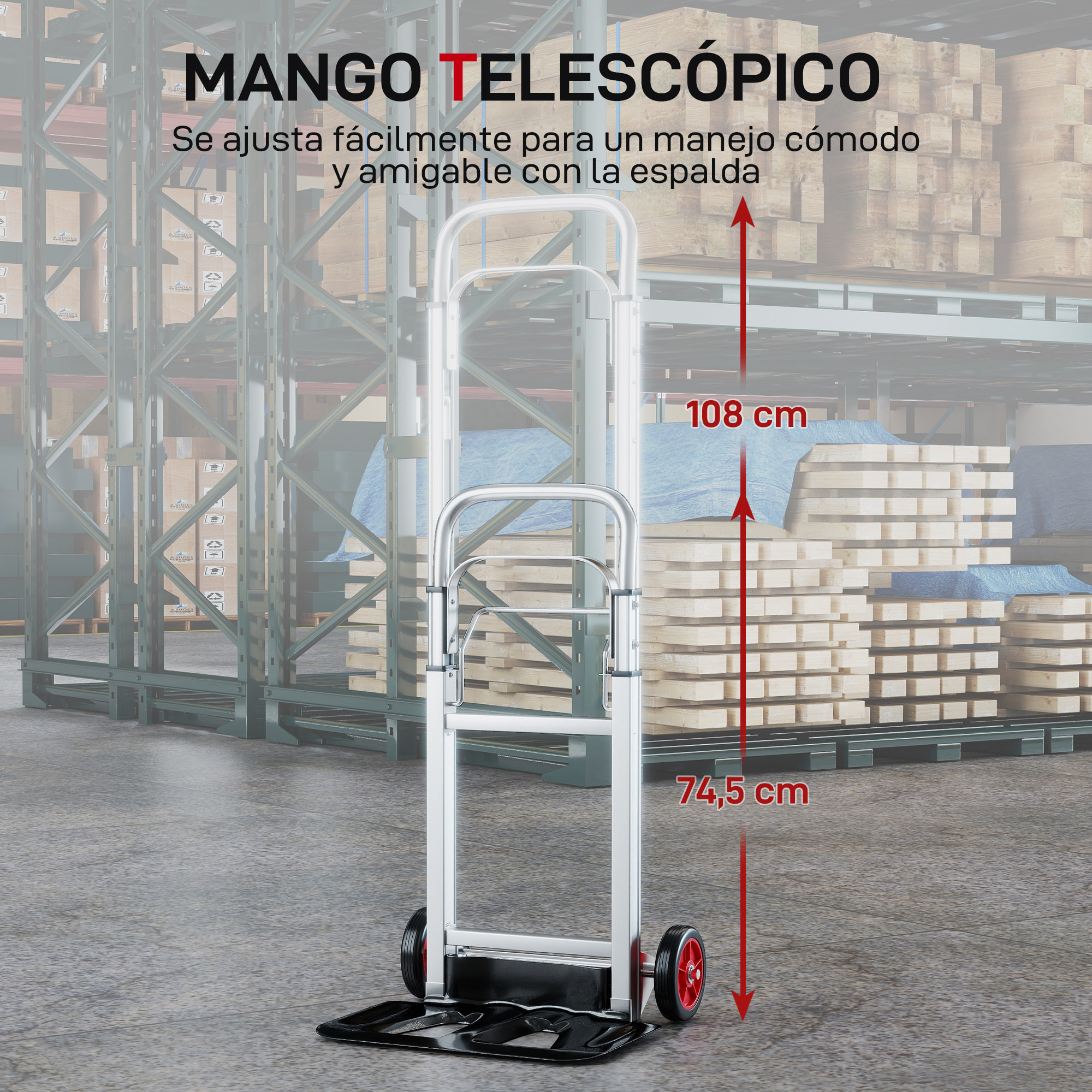 Carretilla Plegable de Aluminio con Mango Telescópico Ajustable, Carga 90 kg, Carretilla de Mano con Ruedas, para Garaje, Oficina, Equipaje, Viajes, Mudanzas y Compras, Plata y Negro