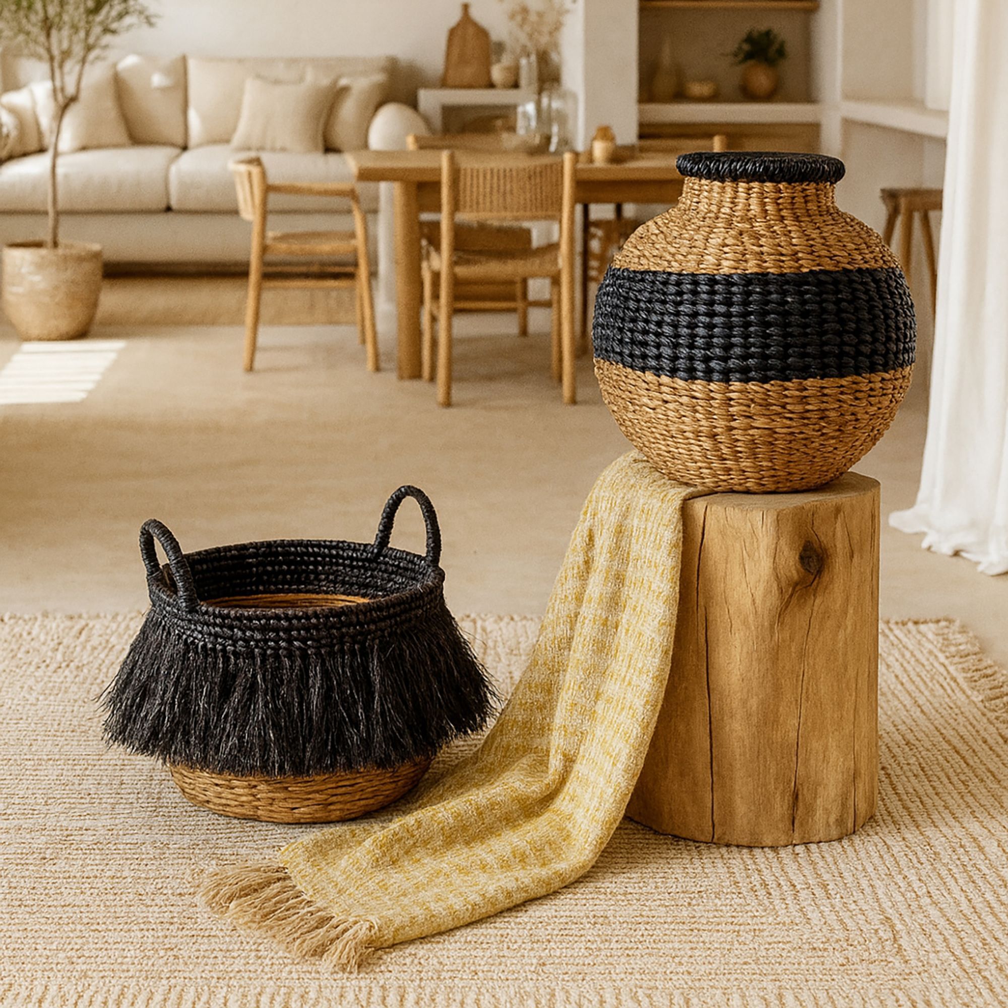 Panier en abaca avec franges noires  ZALO