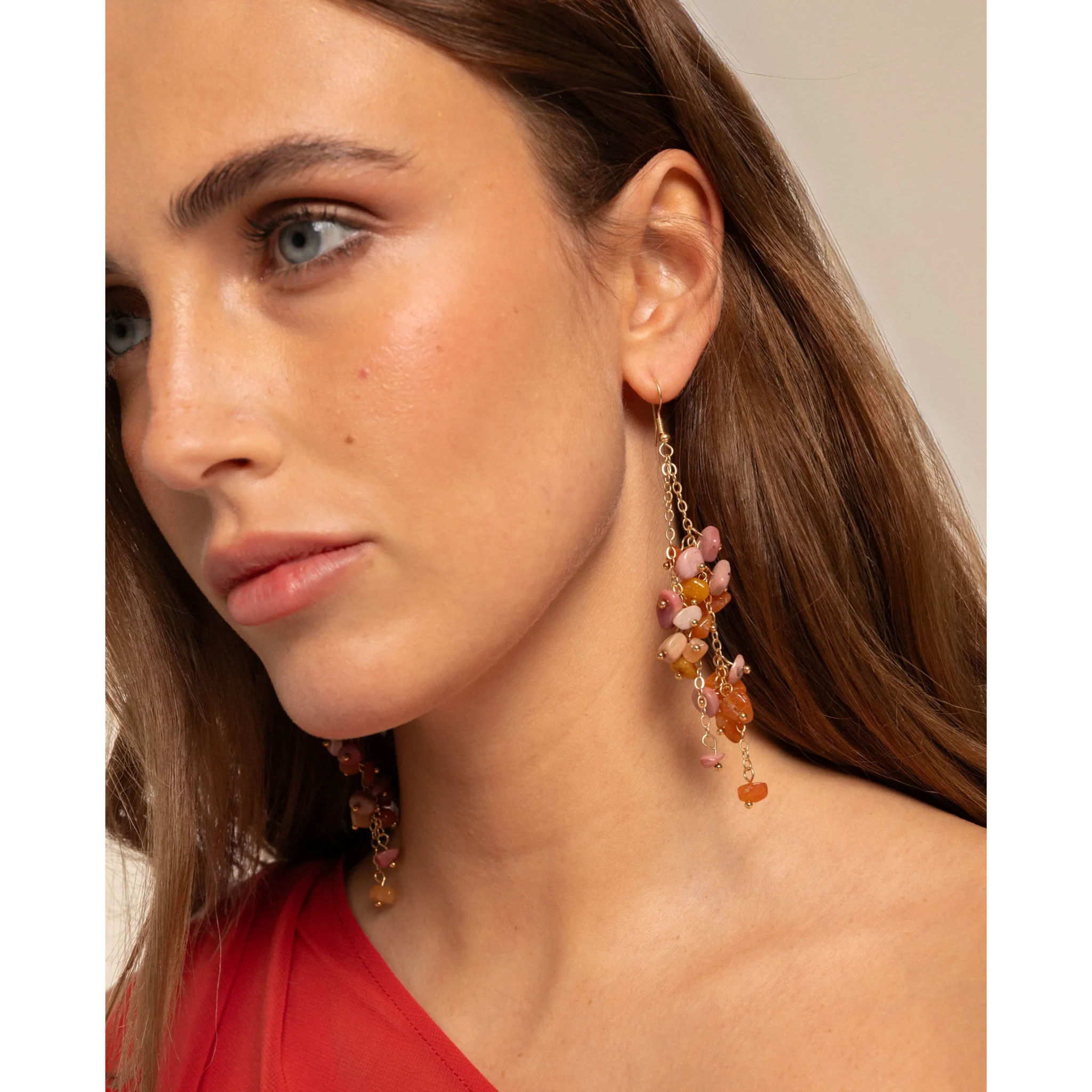 Pendientes de mujer de acero con doble cadena y piedras