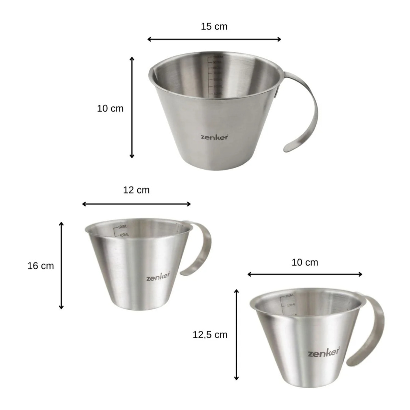 Set de 3 verres doseurs gradués en inox 250 ml, 500 ml et 1 litre Zenker