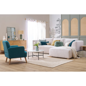 Fauteuil scandinave en tissu bleu canard et bois clair ISKO