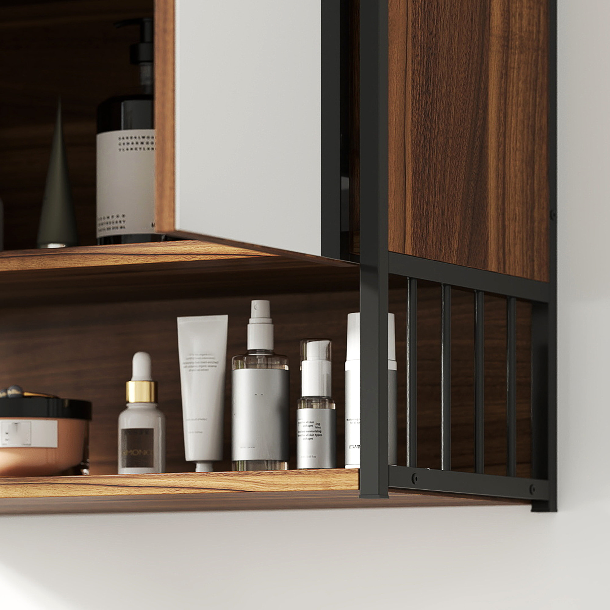 Armoire miroir murale salle de bain 2 portes design - étagère, niche - métal noir effet bois noyer