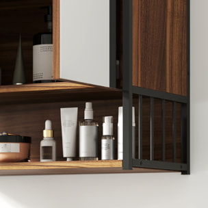 Armoire miroir murale salle de bain 2 portes design - étagère, niche - métal noir effet bois noyer