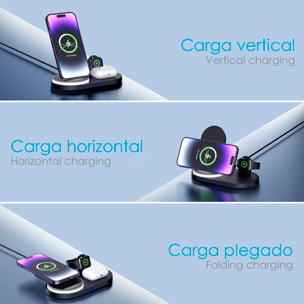 Base de carga inalámbrica plegable 3 en 1. Base Qi 15W doble posición, cargador de Apple Watch y base Qi. Con luz de noche. Función stand.