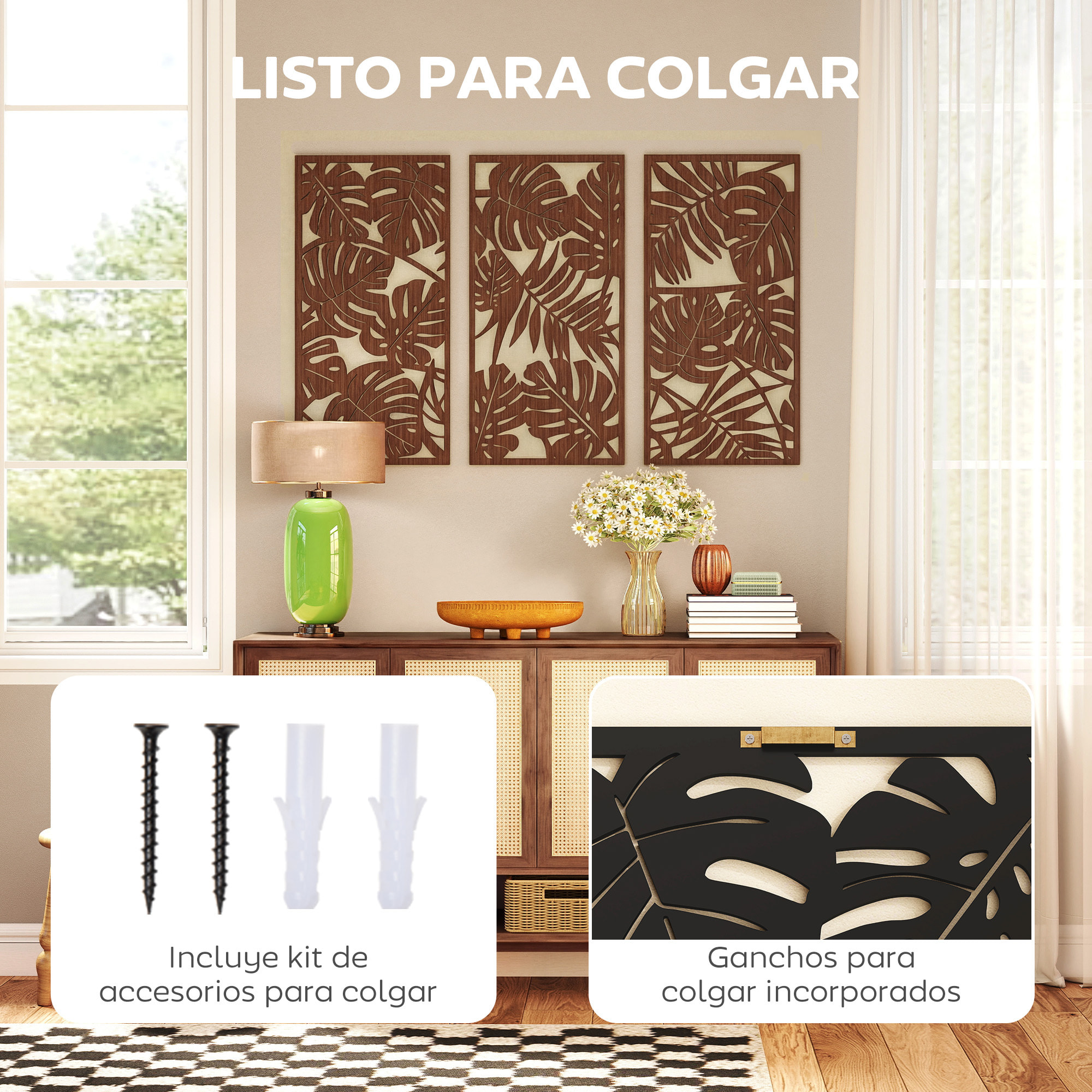Decoración de Pared de Madera 3D, 3 Piezas, 40x80 cm, Adornos de Pared con Patrón de Hojas Tropicales, Arte Moderno para Salón, Dormitorio, Pasillo, Nogal