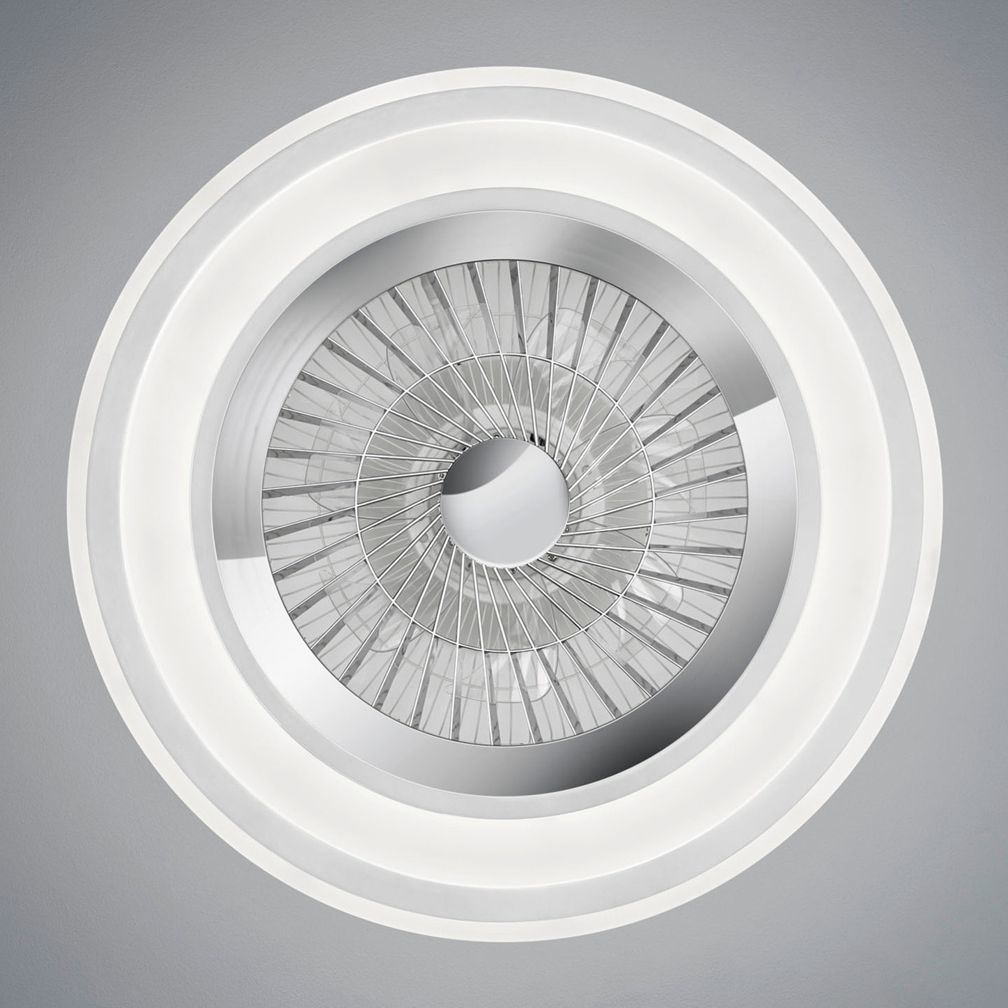 Flaga - Ventilatore e plafoniera LED Ø60 cm con bordo satinato bianco, telecomando, dimmer, timer, luce notturna ed effetto stelle