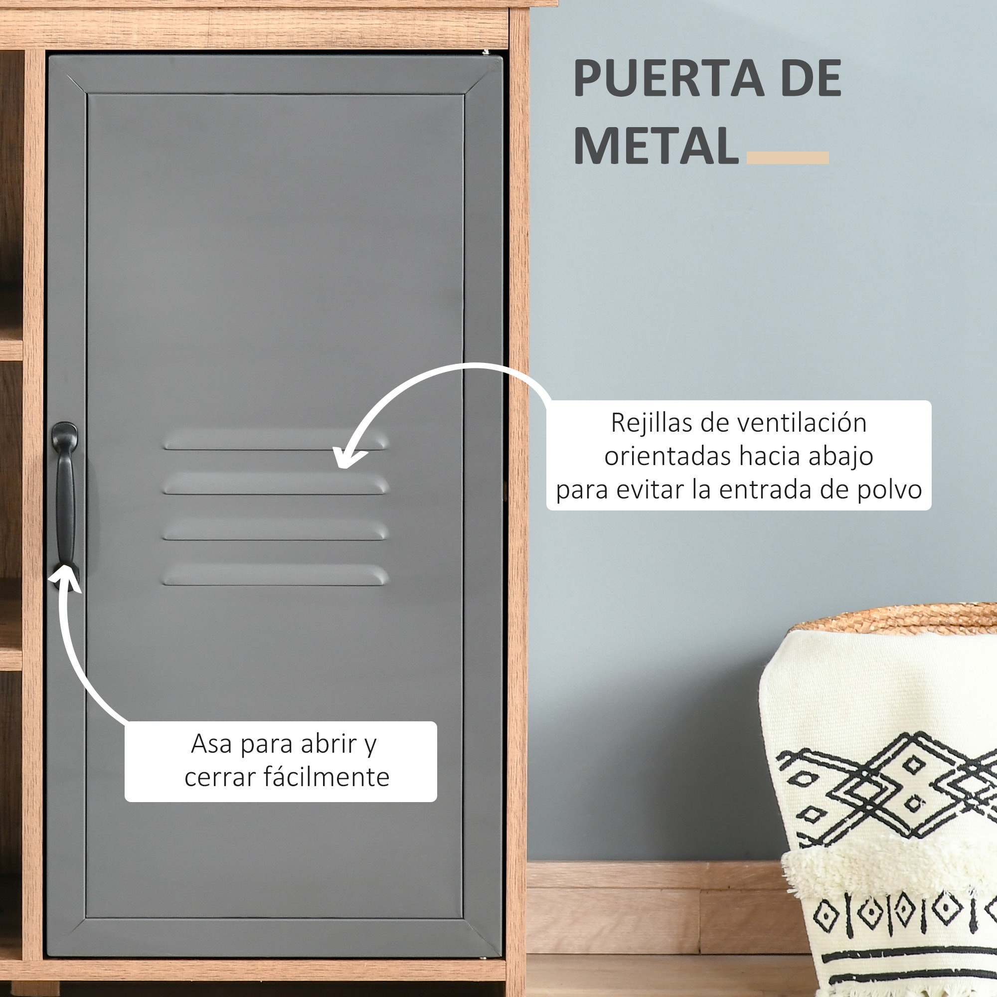 Aparador con Puerta de Metal Mueble Auxiliar con 3 Estantes Abiertos y Armario con Puerta y Balda Ajustable para Salón Cocina 80x35x82 cm Madera Natural