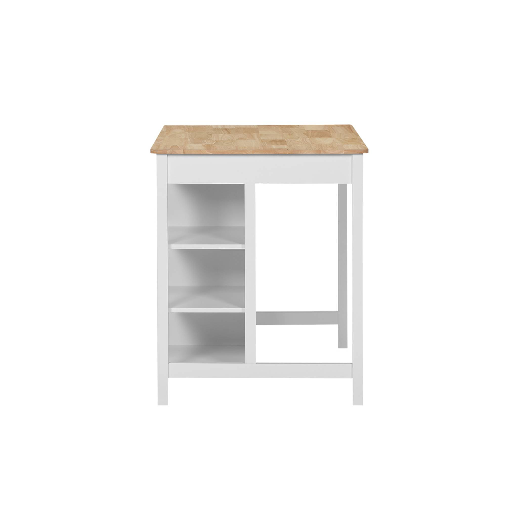Îlot central de cuisine MOLENE. plateau en bois d'hévéa. 120x75cm. blanc. 5 étagères. 1 porte. 1 tiroir. L 120 x P 75 x H 90cm
