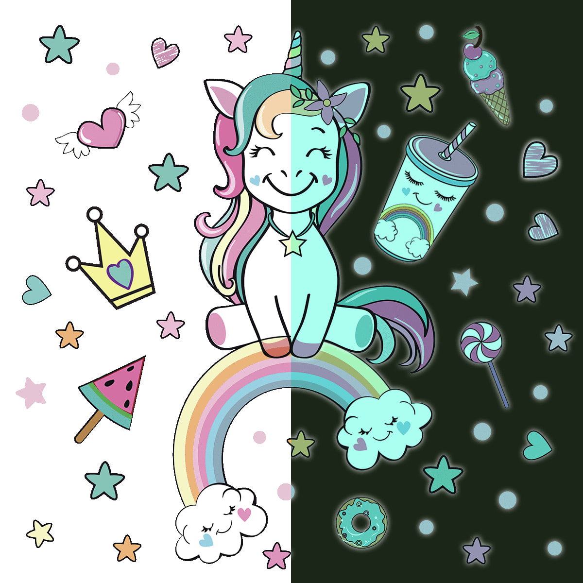 Sticker phosphorescent lumineux - LICORNE REINE DES FRIANDISES