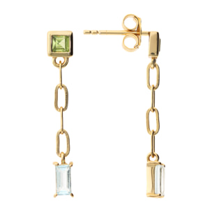 Orecchini Pendenti a Filo in Argento 925 placcato Oro Giallo 18Kt con Peridoto Verde e Topazio Blu