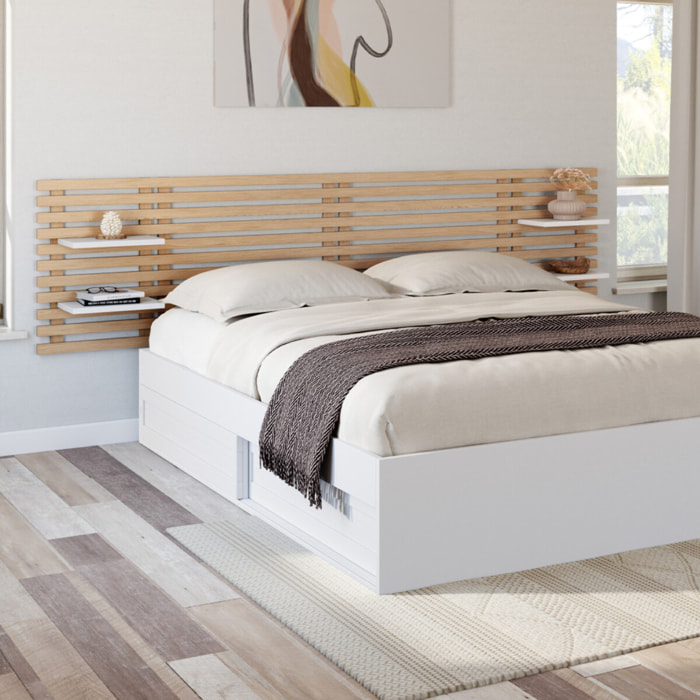 Tête de lit murale Ava en tasseaux 240cm avec étagères