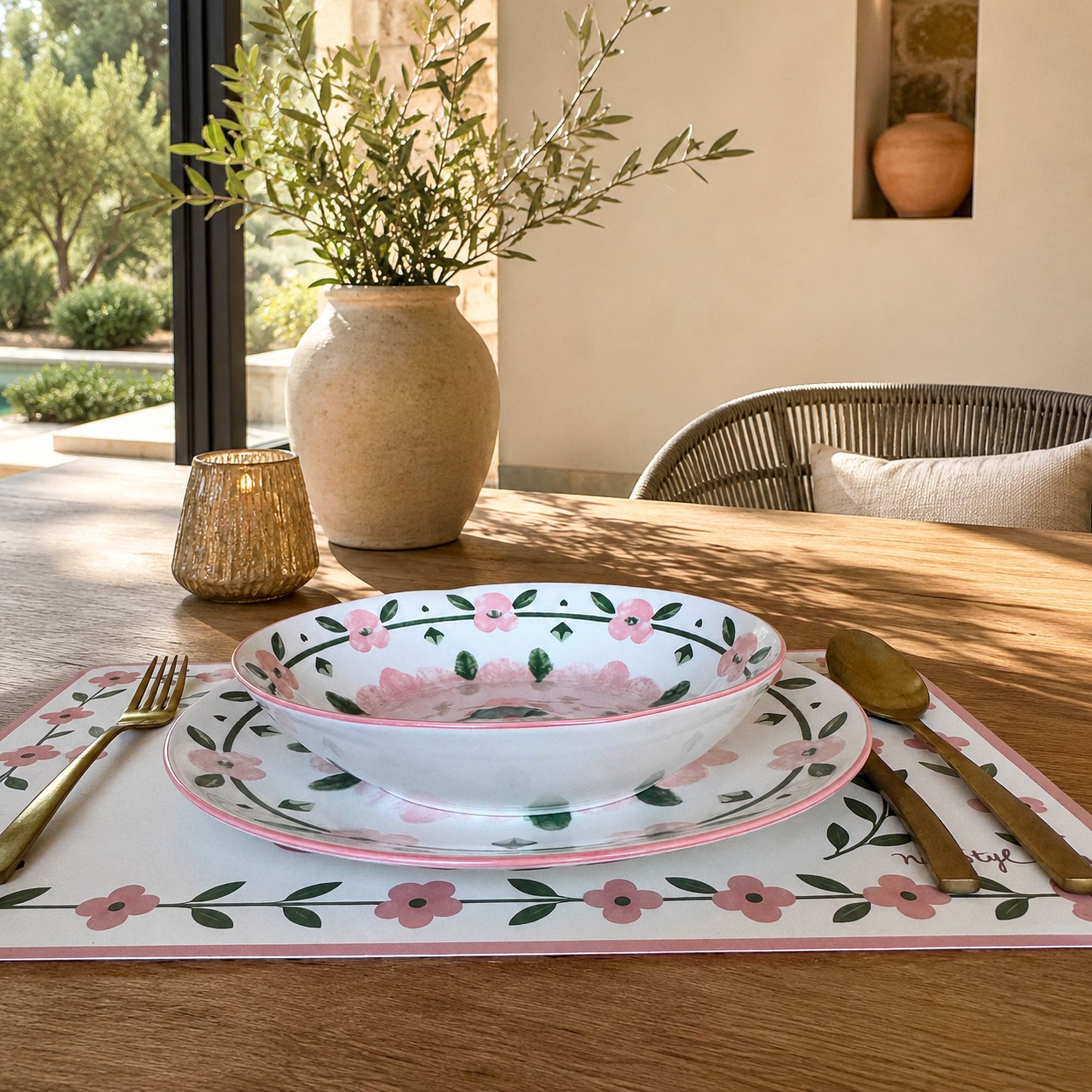 Lot de 6 assiettes creuses 20cm en porcelaine blanc et rose floral PRIMAVERA