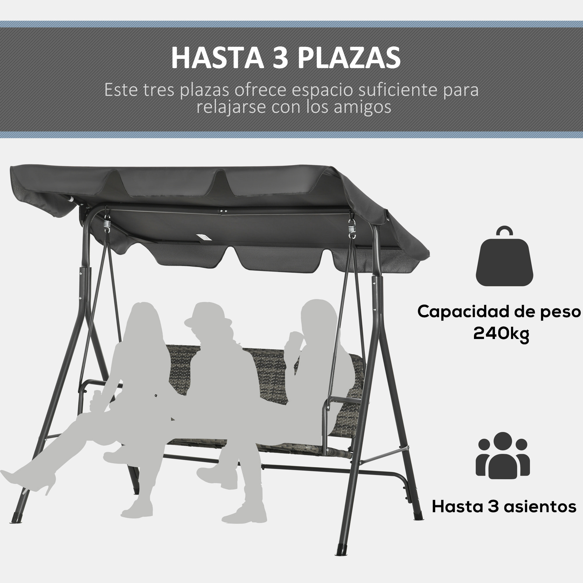 Columpio de Jardín Exterior de 3 Plazas Balancín de Jardín Exterior con Toldo Ajustable Asiento de Ratán PE y Reposabrazos para Balcón Terraza Patio Carga 240 kg 167x112x153 cm Gris