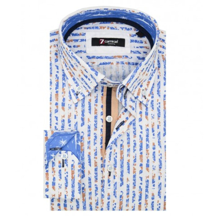Camicia Uomo 1 Bottone Button Down Slim Popeline Quadro Piccolo Turchese/Blu