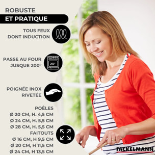 Set 3 poêles 20 24 et 28 cm en inox, 3 faitouts inox 16, 20 et 24 cm et 6 ustensiles inox Fackelmann Eterna