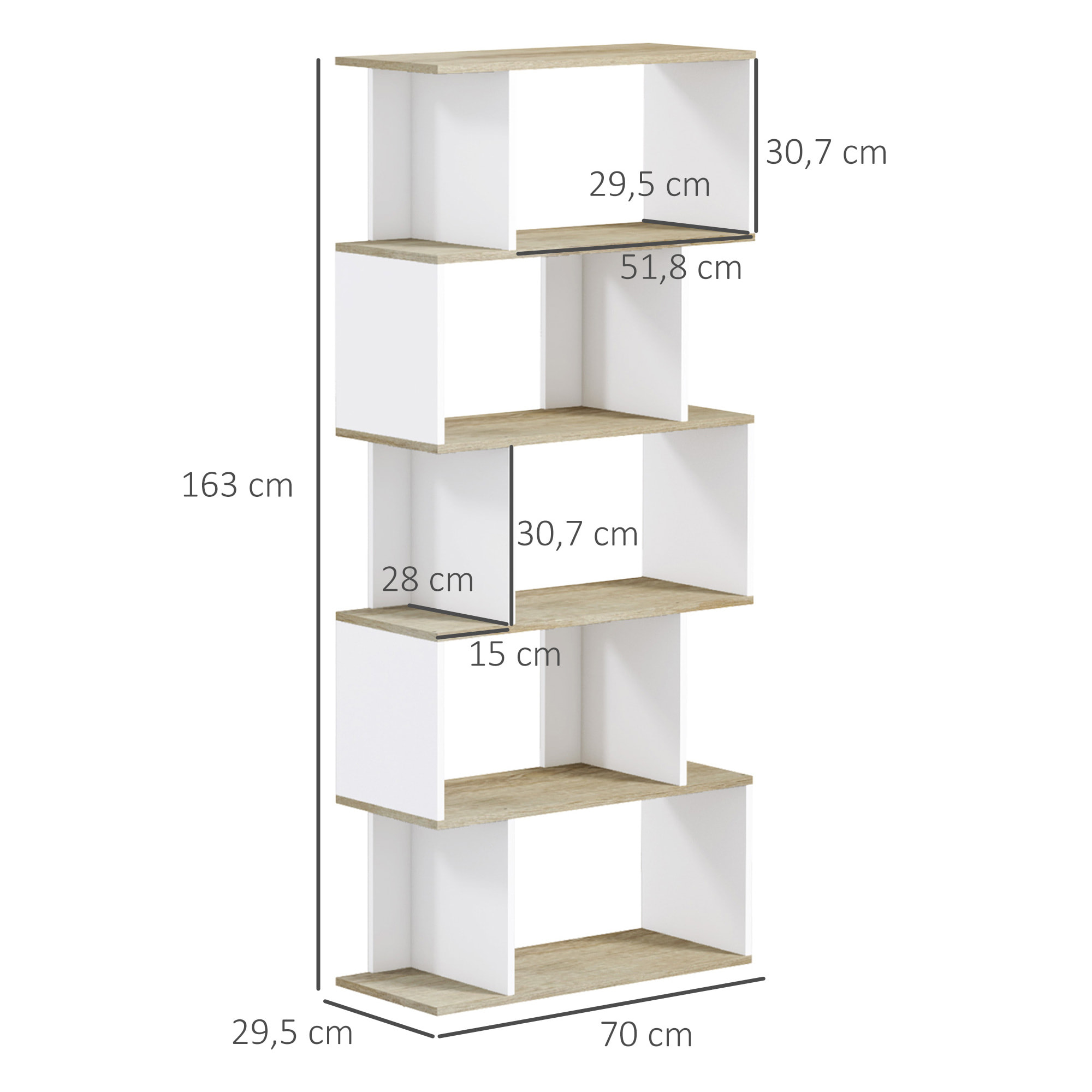 Estantería Librería Estilo Nórdico Librería con 5 Estantes Antivuelco Carga 25 kg para Estudio Oficina Salón 70x29,5x163 cm Roble y Blanco