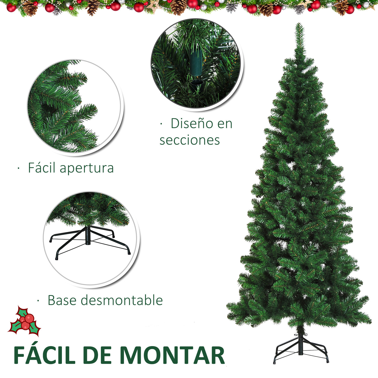 Árbol de Navidad Artificial 210 cm Ignífugo con 631 Puntas de Rama PVC y Soporte de Metal Decoración Navideña para Interiores Fácil de Montar Verde