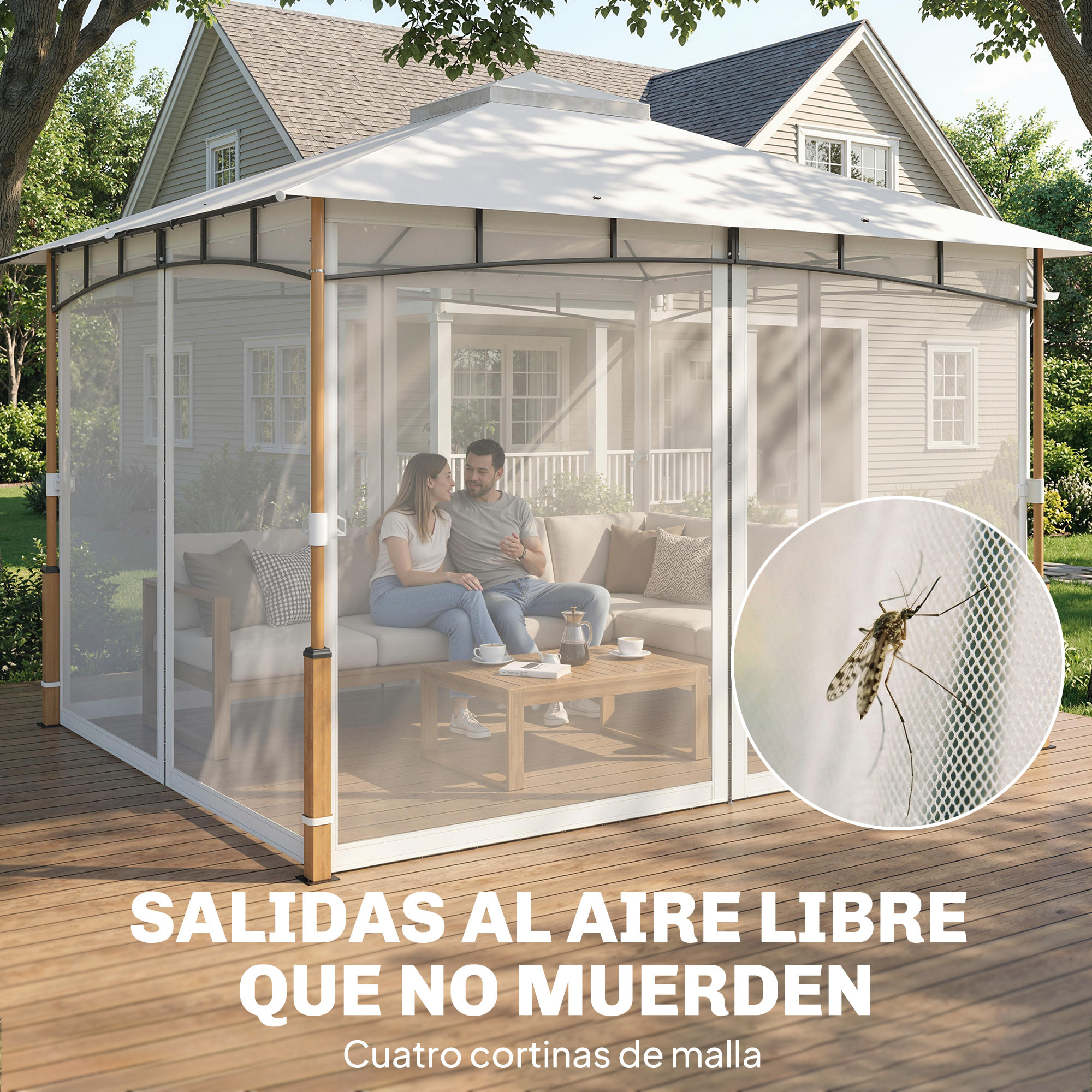 para Jardín 3x3,6 m, Pabellón de Jardín Gazebo con Doble Techo, Paredes de Malla, UPF50+, Estructura de Metal, Carpa para Exterior, Terraza, Patio, Crema y Teca