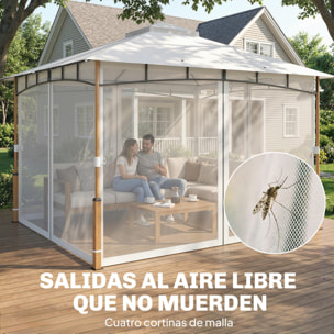 para Jardín 3x3,6 m, Pabellón de Jardín Gazebo con Doble Techo, Paredes de Malla, UPF50+, Estructura de Metal, Carpa para Exterior, Terraza, Patio, Crema y Teca