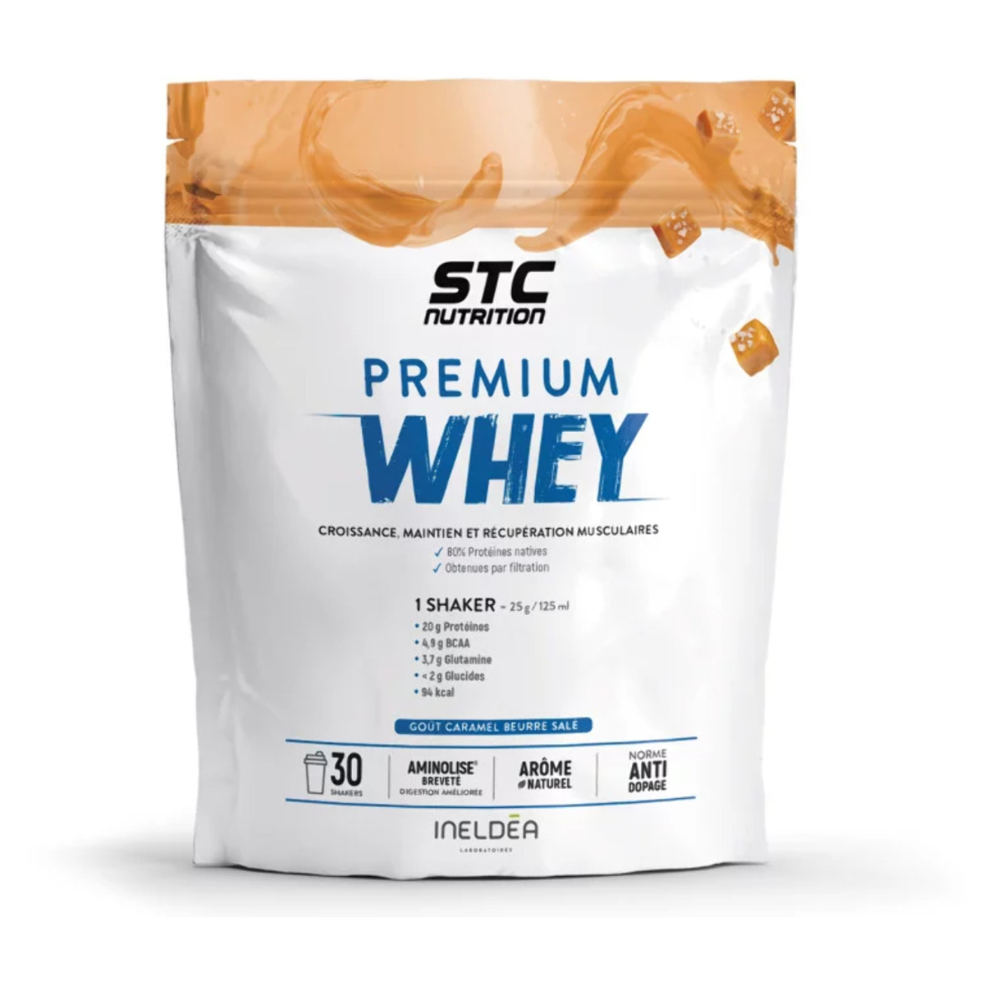 STC NUTRITION - Premium Whey - Protéines Natives Lactosérum Hypocalorique - Développement Musculaire - Aminolise Brevetée 100% Digeste - Sans Colorant ni Gluten - 30 Shakers - 750g - Caramel Beurre Salé